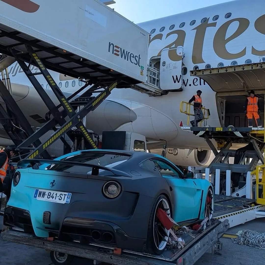 Ferrari F12 rear view, Emirates cargo hold