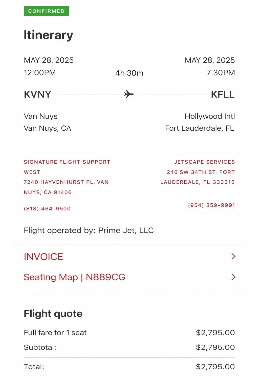 Confirmed itinerary , $2,795 total
