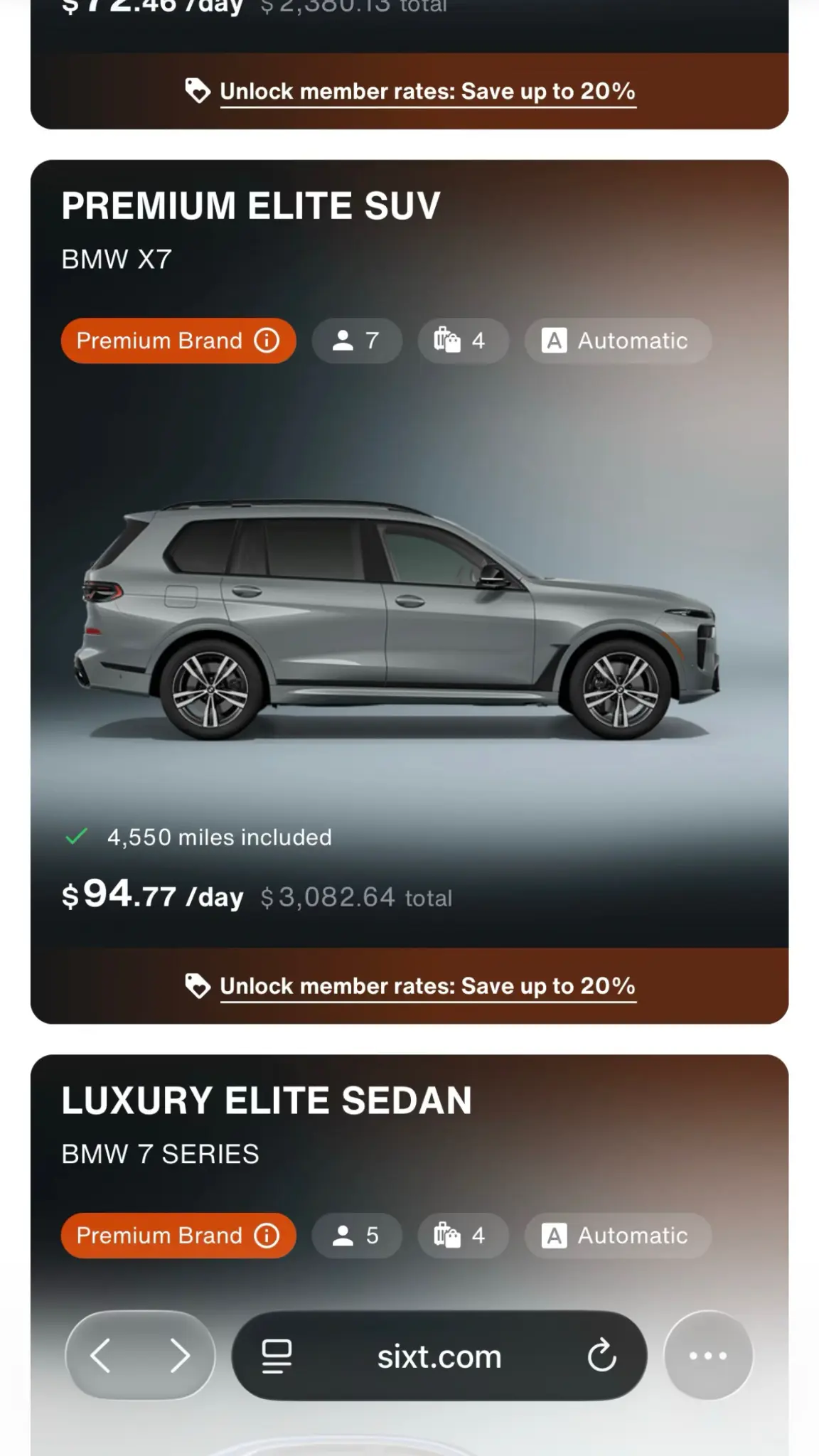 Sixt retail listing, BMW X7 $94.77/day